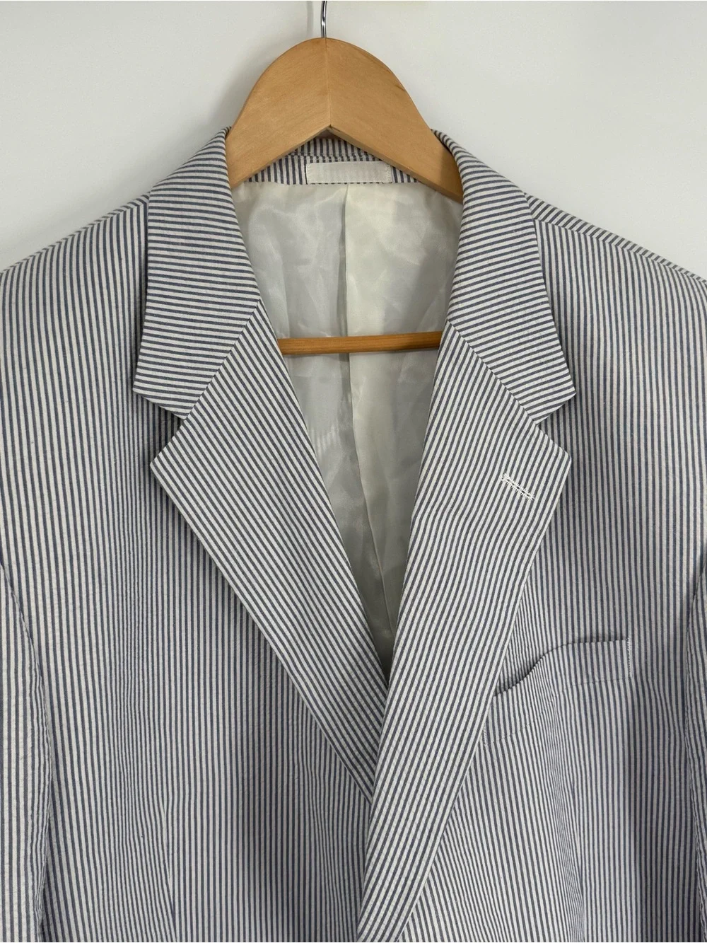 Adolfo Summer Sport Coat Blazer Mens Seersucker Blue Stripe Size 46R Lined